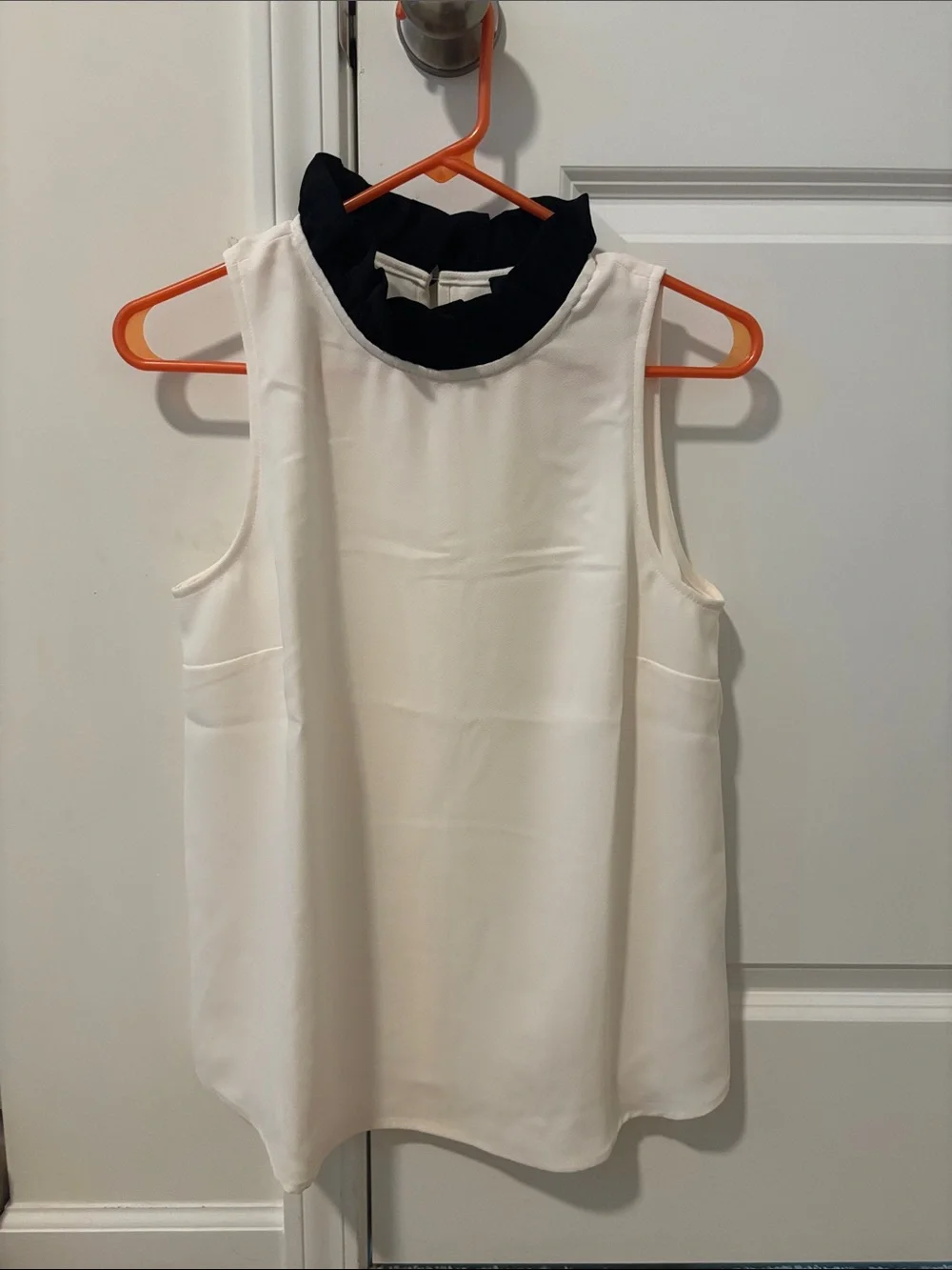 J. Crew White Sleeveless Blouse with Black Ruffle Collar
